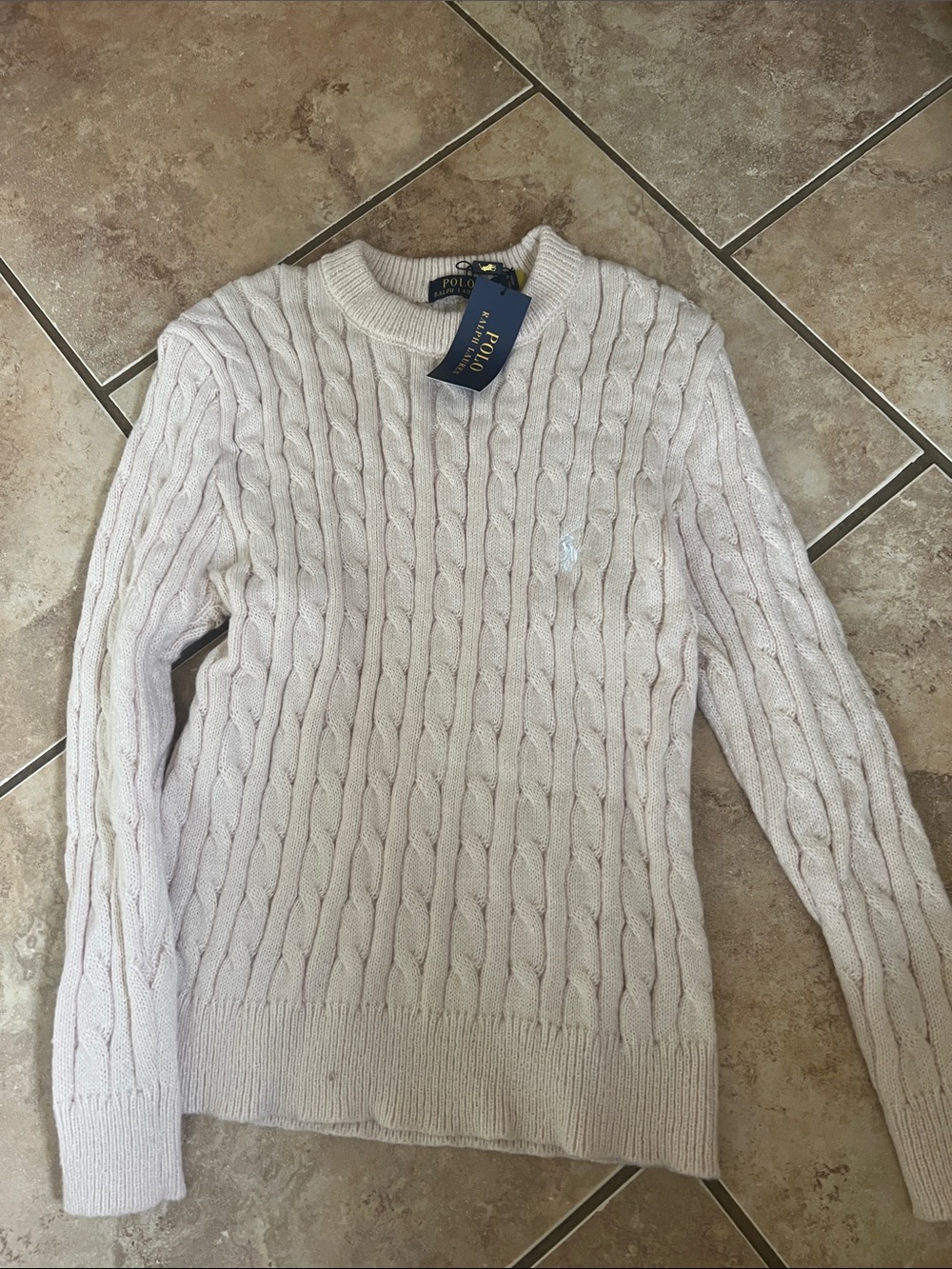 Polo by Ralph Lauren Light Cream pink apricot Cable-Knit Crewneck Sweater nwt